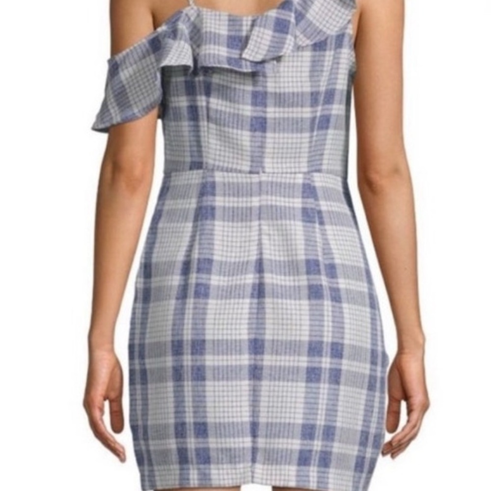 Endless Rose One Shoulder Ruffle Mini Dress Blue White Plaid Asymmetrical S NWT - Picture 2 of 7